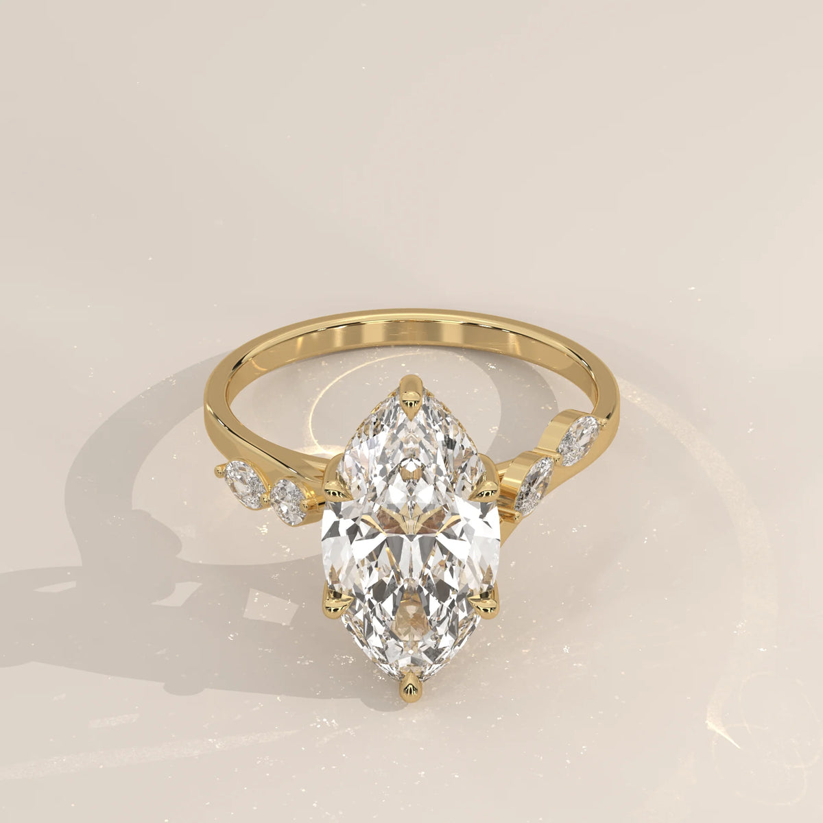 Reylona 5 Carat Marquise Lab Grown Diamond Ring, Scattered Accents in yellow gold, shown from the front.