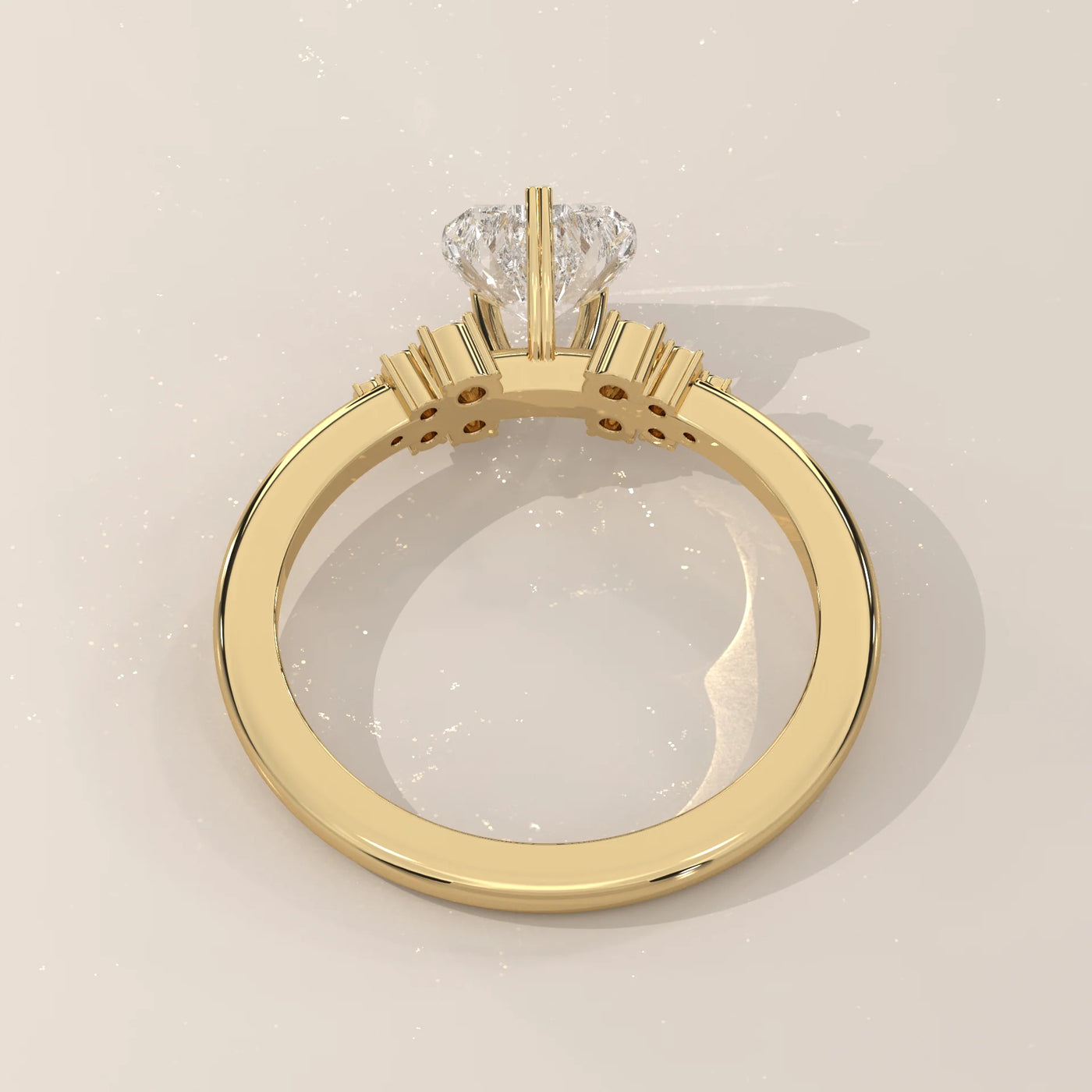 A close-up side view of a yellow gold ring with accent diamonds.