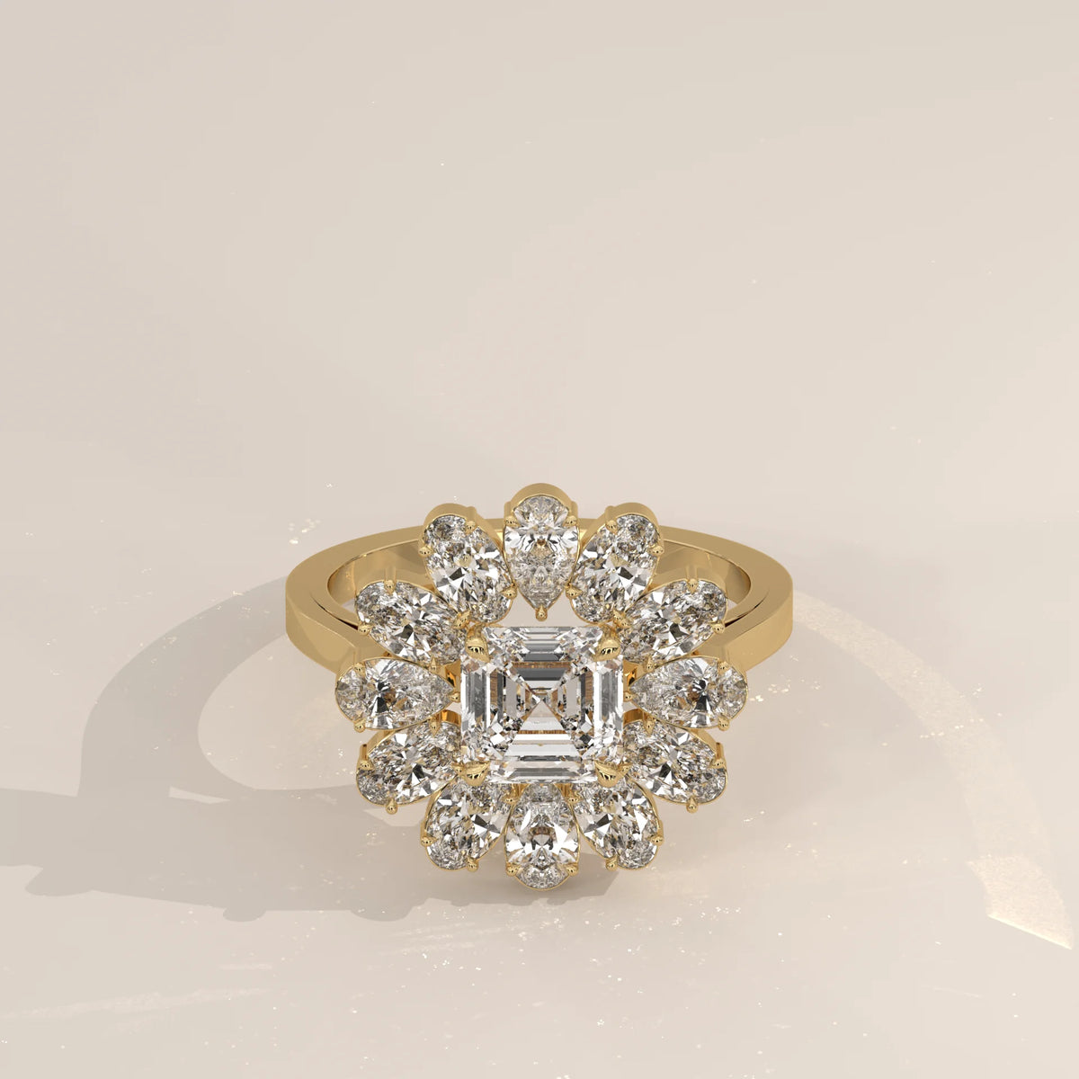 Square Emerald Cut Lab Grown Diamond Flower Cluster Ring in yellow gold, shown from the front.
