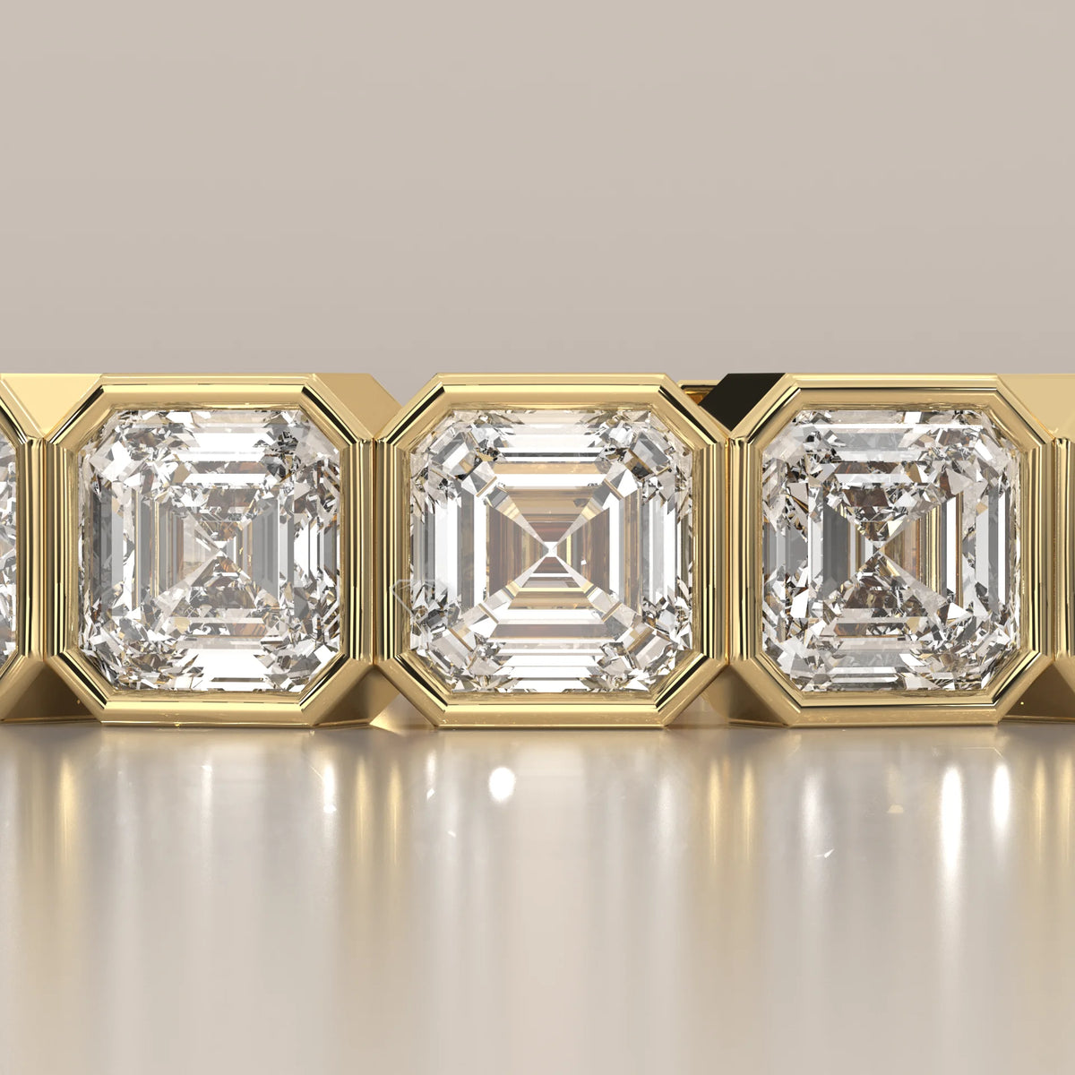 Square Emerald Cut Lab Grown Diamond Bezel Set Eternity Band in yellow gold, front view on a plain background.