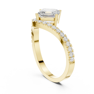 Angle View: Asscher Diamond Ring with Bypass Pave Setting in 14K Yellow Gold – Lab Grown – Driona Jewels
