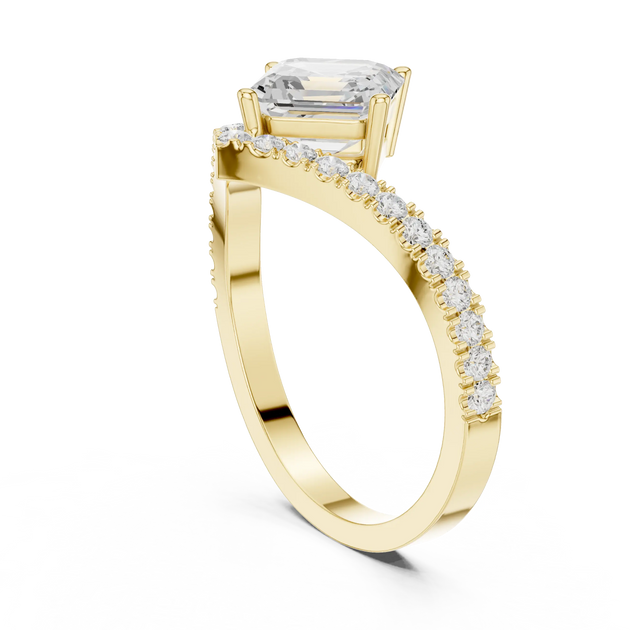 Angle View: Asscher Diamond Ring with Bypass Pave Setting in 14K Yellow Gold – Lab Grown – Driona Jewels
