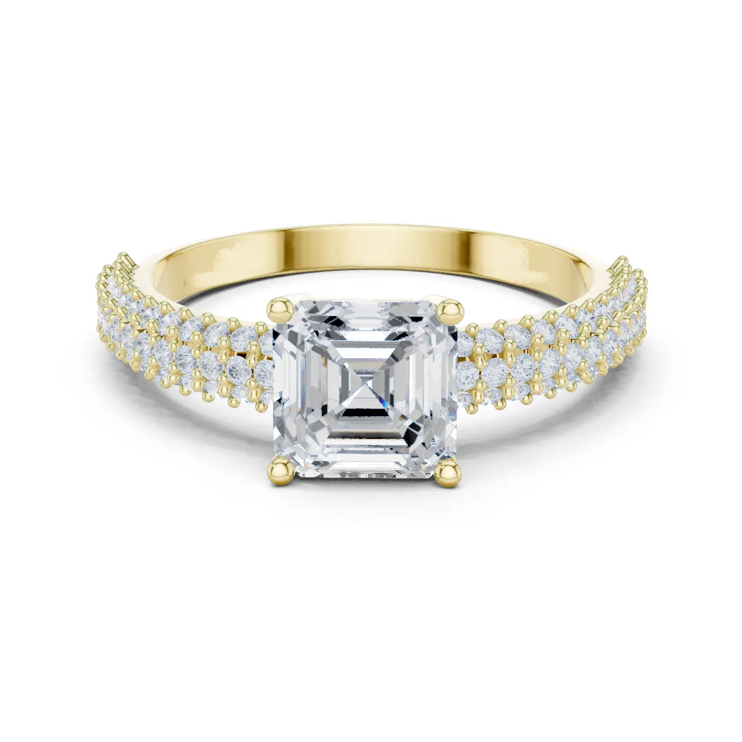 Front view: Asscher Diamond Ring with double row pavé and prong Setting in 18K Yellow Gold – Lab Grown – Driona Jewels
