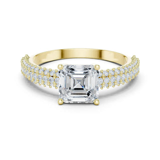 Front view: Asscher Diamond Ring with double row pavé and prong Setting in 18K Yellow Gold – Lab Grown – Driona Jewels
