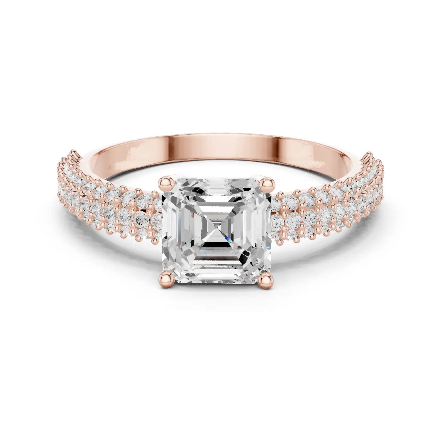 Front View: Asscher Diamond Ring with Double Row Pave and Four-Prong Setting in 14k Rose Gold – Lab Grown – Driona Jewels
