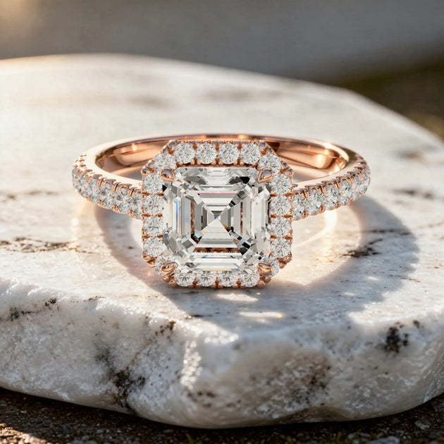 Front-view: Asscher Diamond Engagement Ring with Halo Setting in 14k Rose Gold - Lab Grown - Driona Jewels