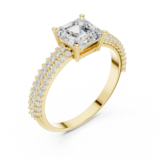 Angled view: Asscher Diamond Ring with Prong and Double-Row Pavé Setting in 18K Yellow Gold – Lab Grown – Driona Jewels
