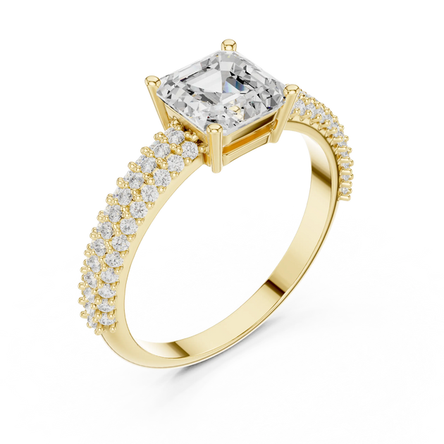 Angled view: Asscher Diamond Ring with Prong and Double-Row Pavé Setting in 18K Yellow Gold – Lab Grown – Driona Jewels
