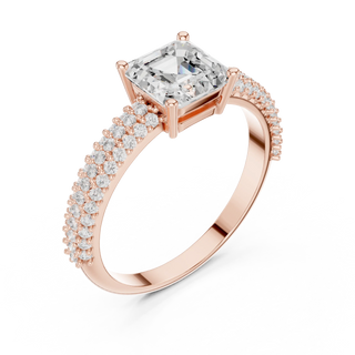 Three-quarter view: Asscher Diamond Ring with Pavé Setting in Unknown Rose Gold – Lab Grown – Driona Jewels
