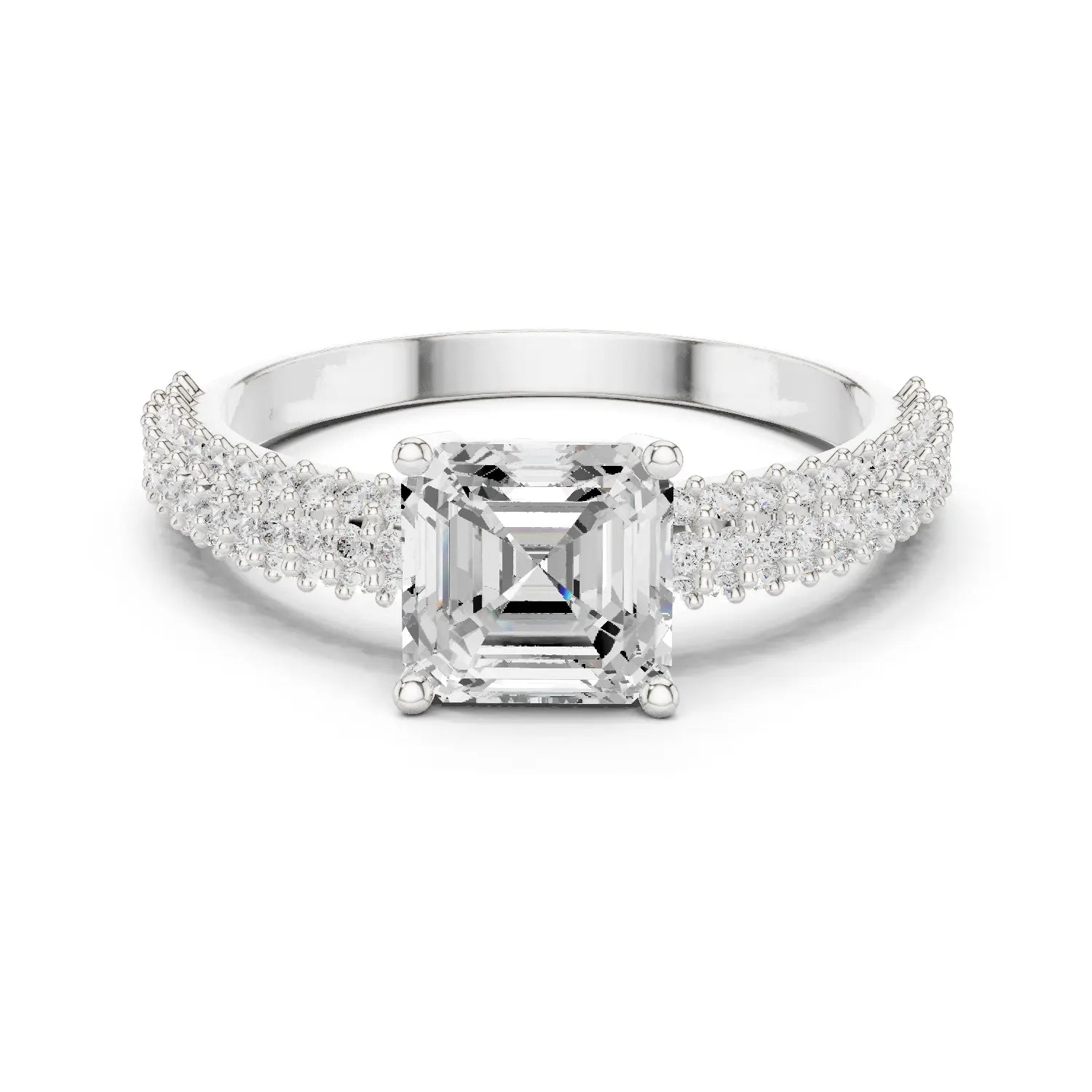 Elegant: Asscher Diamond Ring with pave split shank and prong Setting in 14K White Gold – Lab Grown – Driona Jewels
