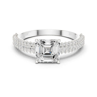 Elegant: Asscher Diamond Ring with pave split shank and prong Setting in 14K White Gold – Lab Grown – Driona Jewels

