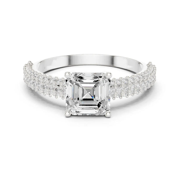 Elegant: Asscher Diamond Ring with pave split shank and prong Setting in 14K White Gold – Lab Grown – Driona Jewels
