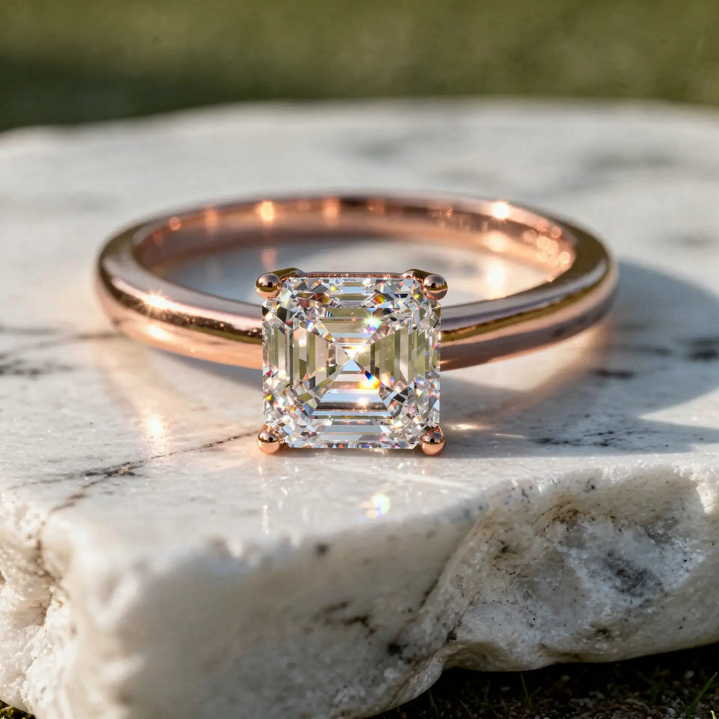 Close-up: Asscher Diamond Ring with Solitaire Setting in 14k Rose Gold - Lab Grown - Driona Jewels