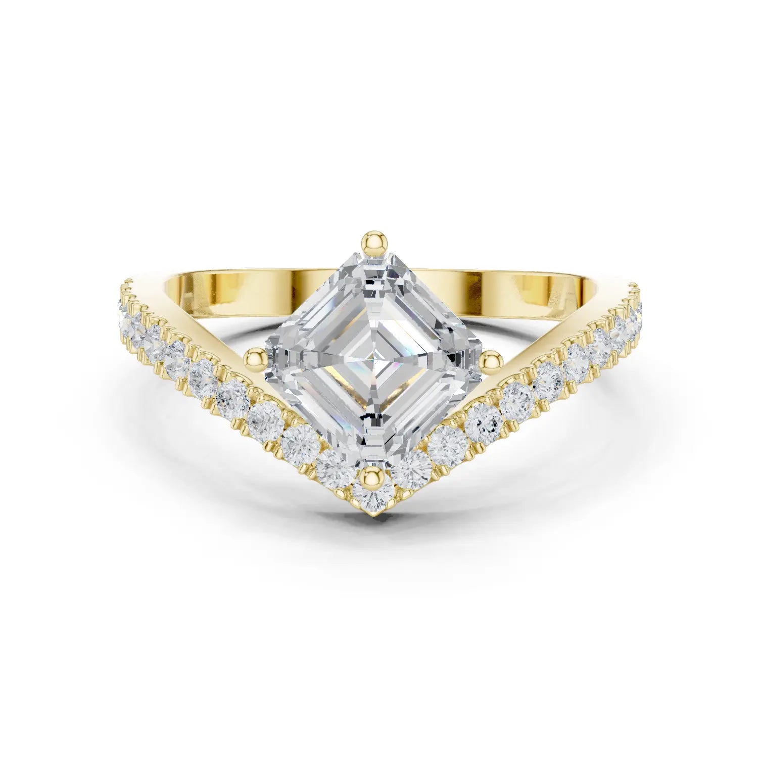A stunning front view: Asscher Diamond Ring with V-shape Pavé and Prong Setting in Yellow Gold – Lab Grown – Driona Jewels
