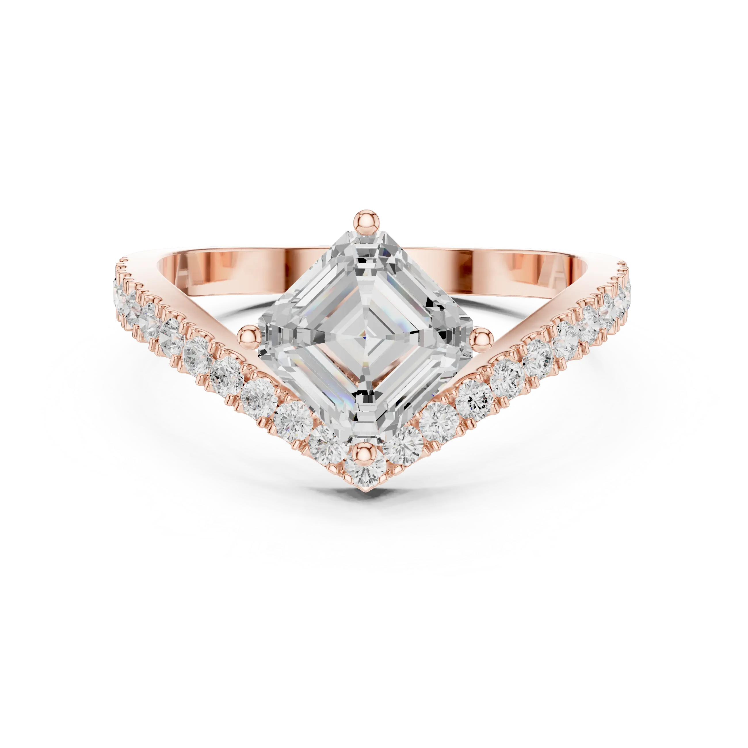 Angle View: Asscher and Round Brilliant Diamond Ring with V-shape Pave Setting in 14K Rose Gold – Lab Grown – Driona Jewels
