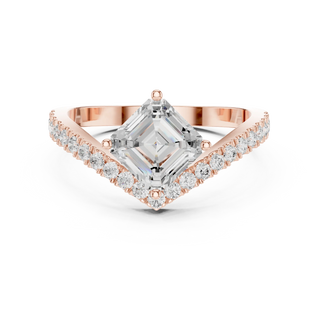 Angle View: Asscher and Round Brilliant Diamond Ring with V-shape Pave Setting in 14K Rose Gold – Lab Grown – Driona Jewels
