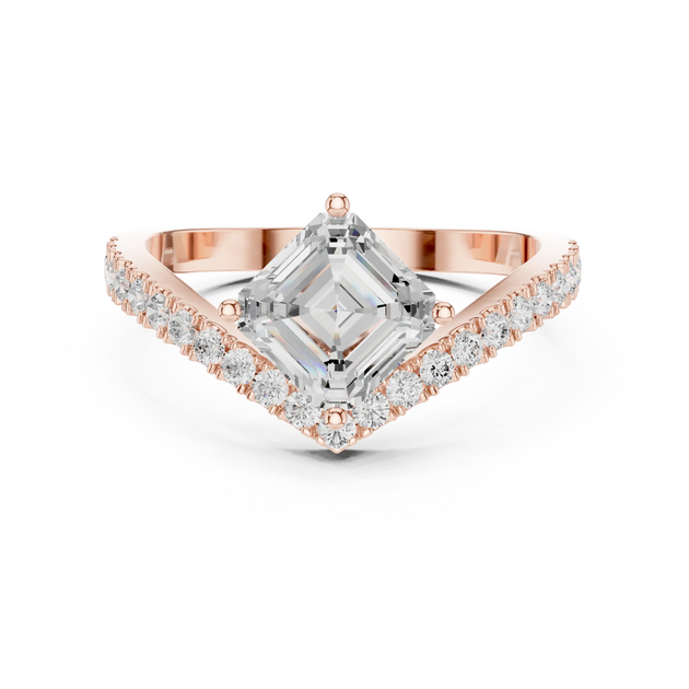 Angle View: Asscher and Round Brilliant Diamond Ring with V-shape Pave Setting in 14K Rose Gold – Lab Grown – Driona Jewels
