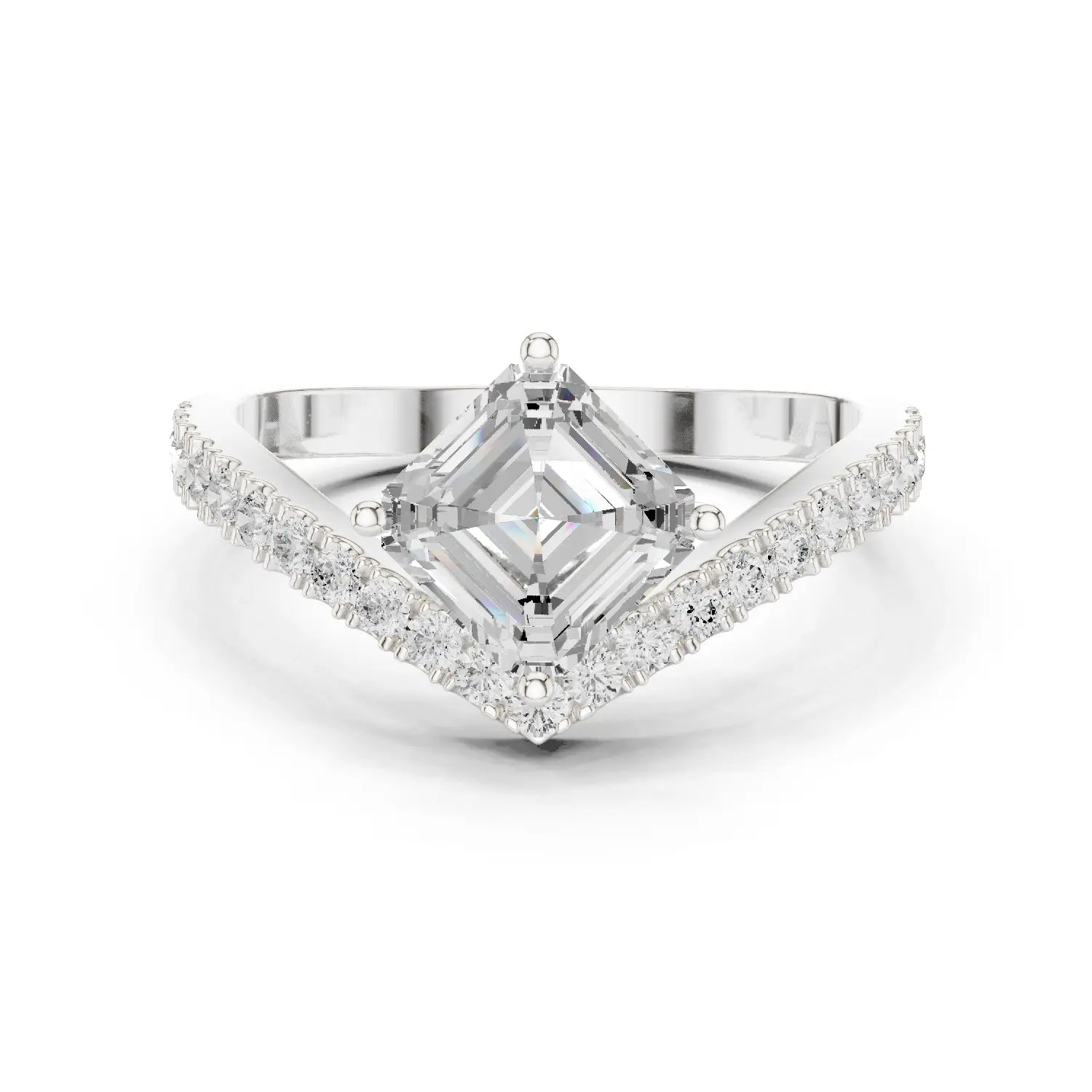 Front View: Asscher Diamond Ring with V-shaped Pavé Setting in 14K White Gold – Lab Grown – Driona Jewels
