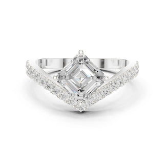 Front View: Asscher Diamond Ring with V-shaped Pavé Setting in 14K White Gold – Lab Grown – Driona Jewels
