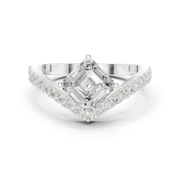 Front View: Asscher Diamond Ring with V-shaped Pavé Setting in 14K White Gold – Lab Grown – Driona Jewels
