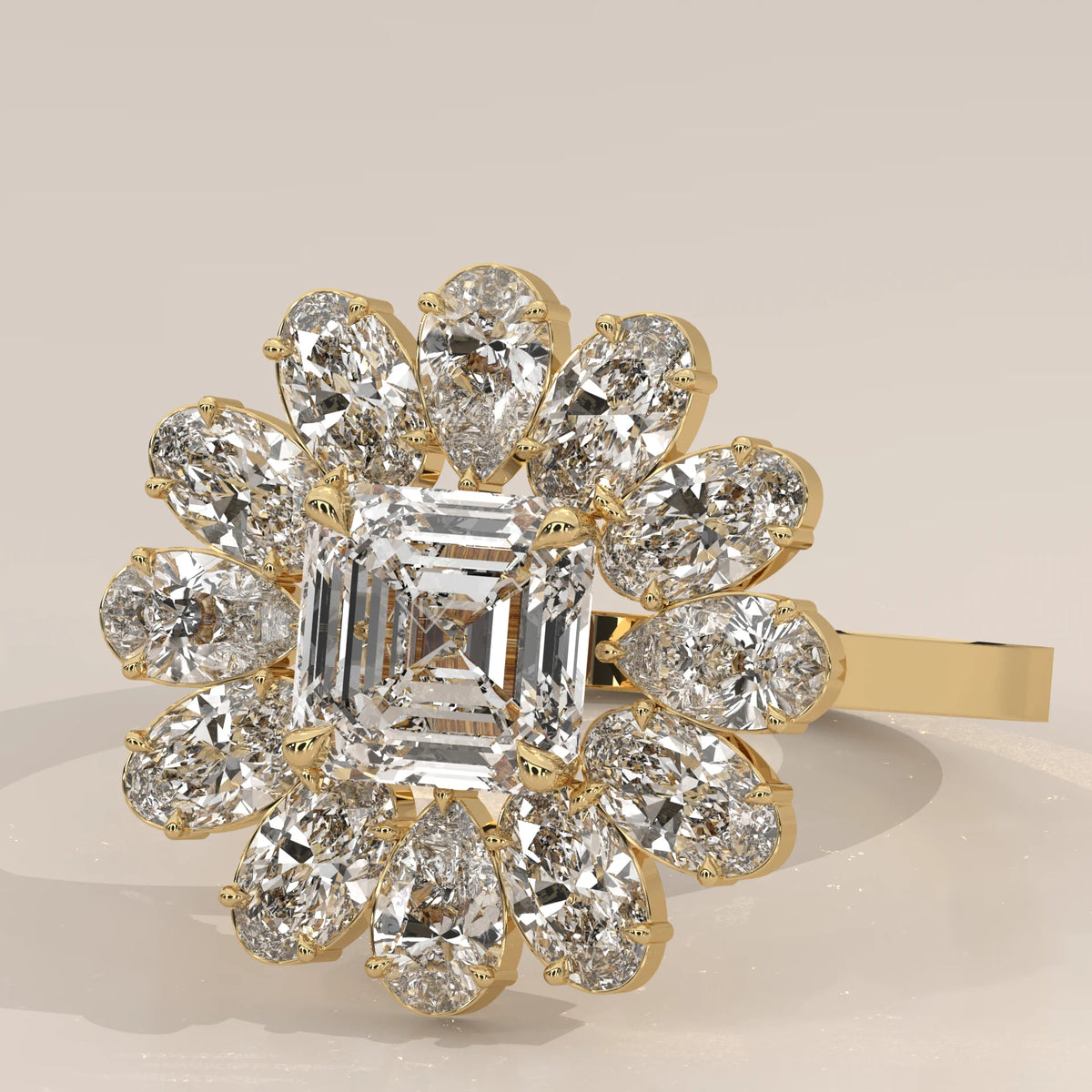 Square Emerald Cut Lab Grown Diamond Flower Cluster Ring in yellow gold, photographed from the side.