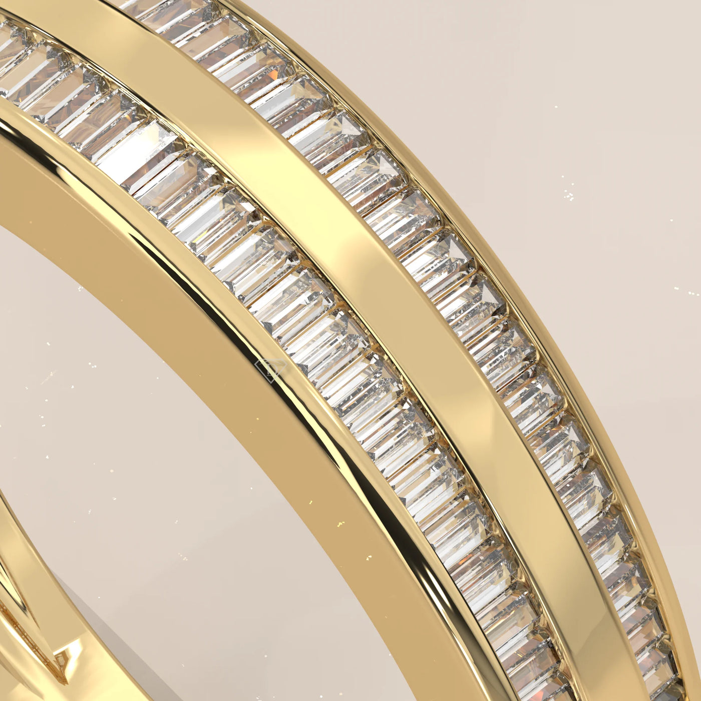 A close-up of a gold ring with two rows of channel-set baguette diamonds.