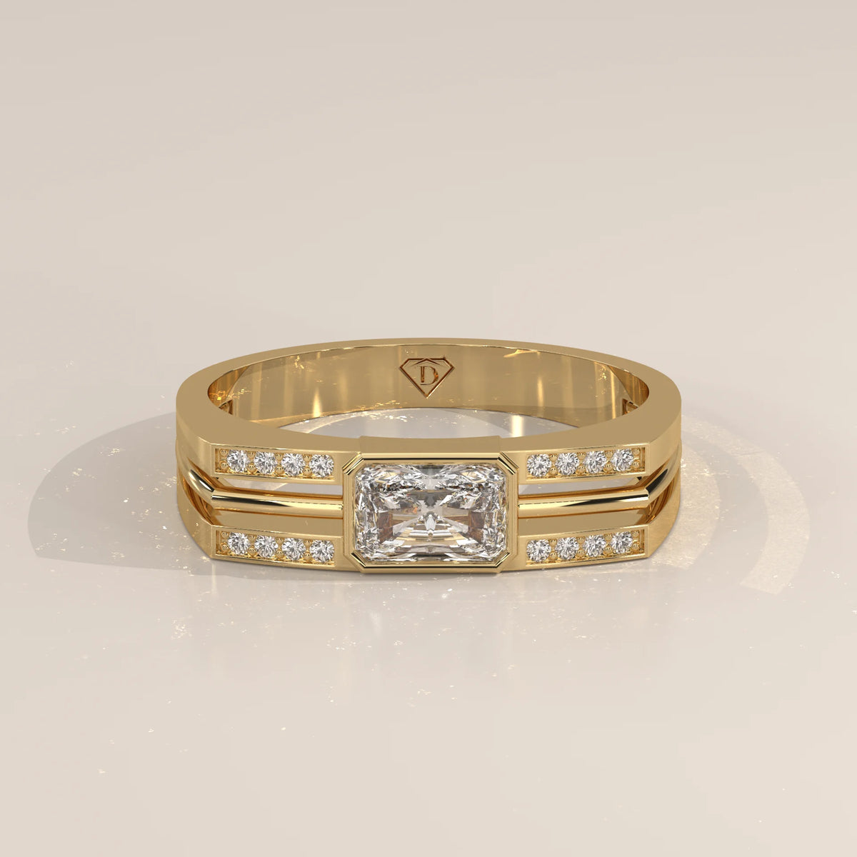 Radiant Lab Grown Diamond East West Bezel Ring with Split Rails in yellow gold, shown from the front.
