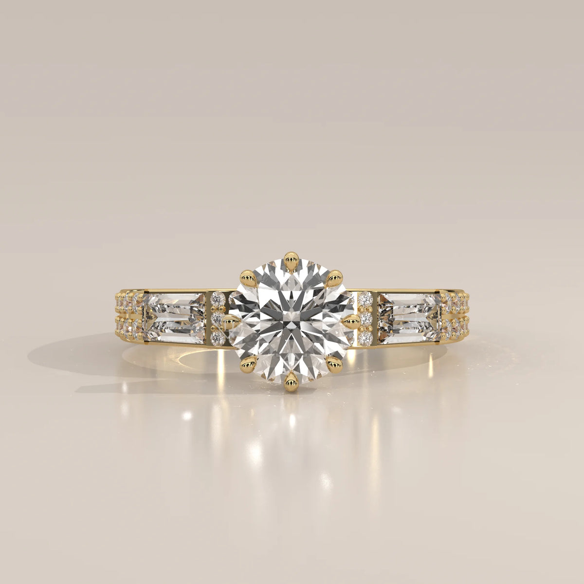 Round Lab Grown Diamond Ring with Baguette Shoulders and Double Pave in yellow gold, photographed head-on.