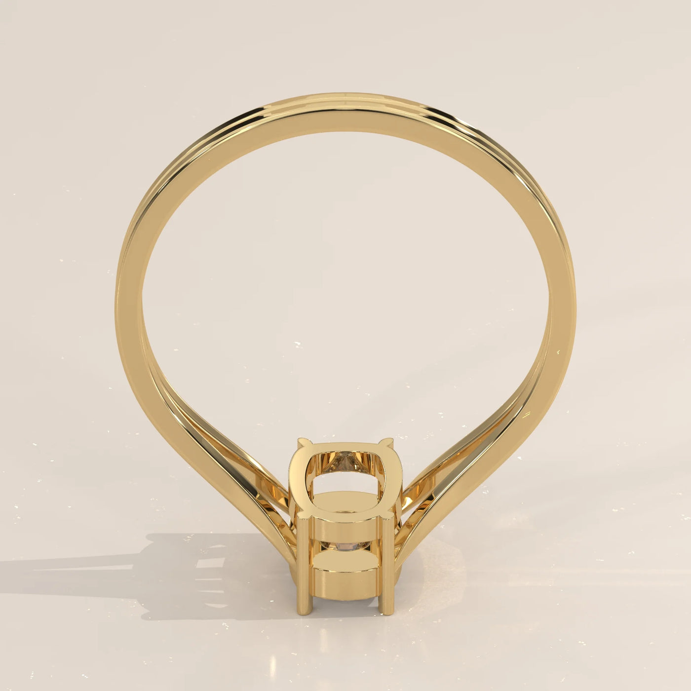 Gold ring with a basket setting for a center stone, shown from the side.