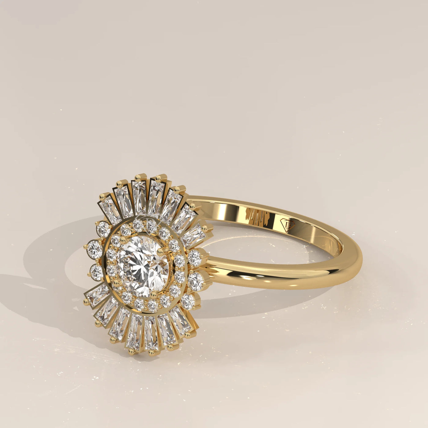 A 14k yellow gold ring with a central diamond surrounded by a burst of baguette and round diamonds.