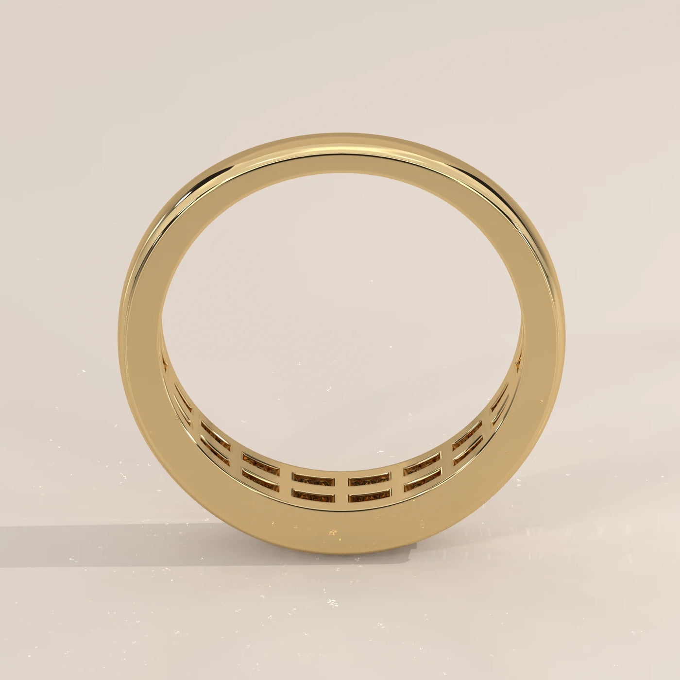 A 14k yellow gold band ring with channel-set diamonds, viewed from the side.