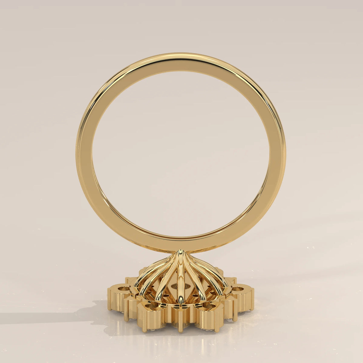 Round Lab Grown Diamond Flower Cluster Ring with Marquise Petals in yellow gold, front view on a plain background.