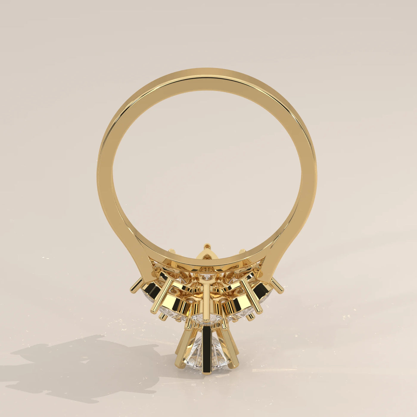 Yellow gold ring with a cluster of diamonds and black stones.