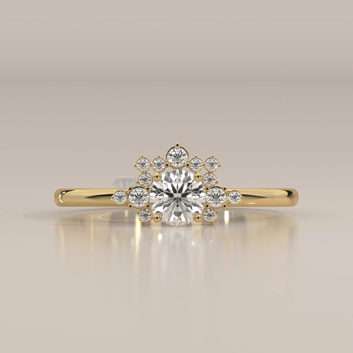A delicate 14k yellow gold ring with a central round diamond surrounded by smaller diamonds.
