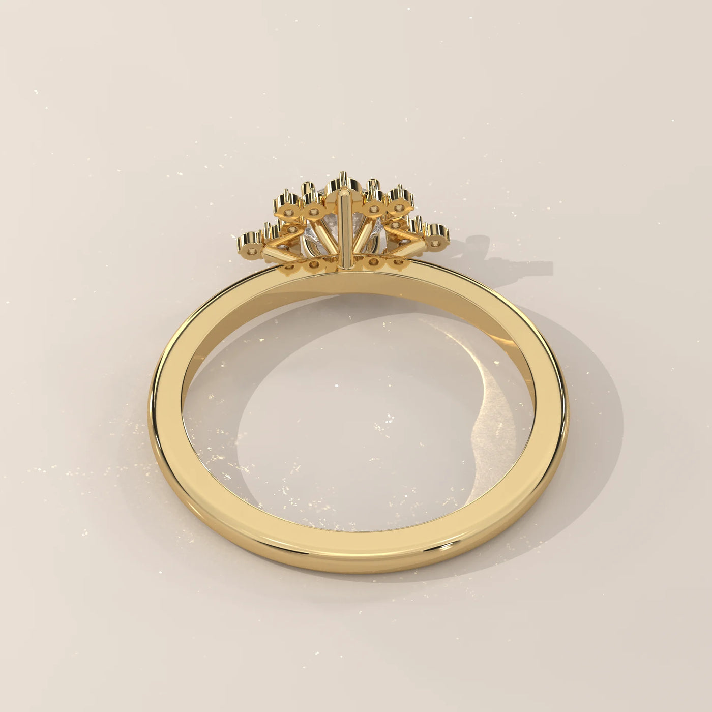 A 14k gold ring with a cluster of small diamonds around a central stone.