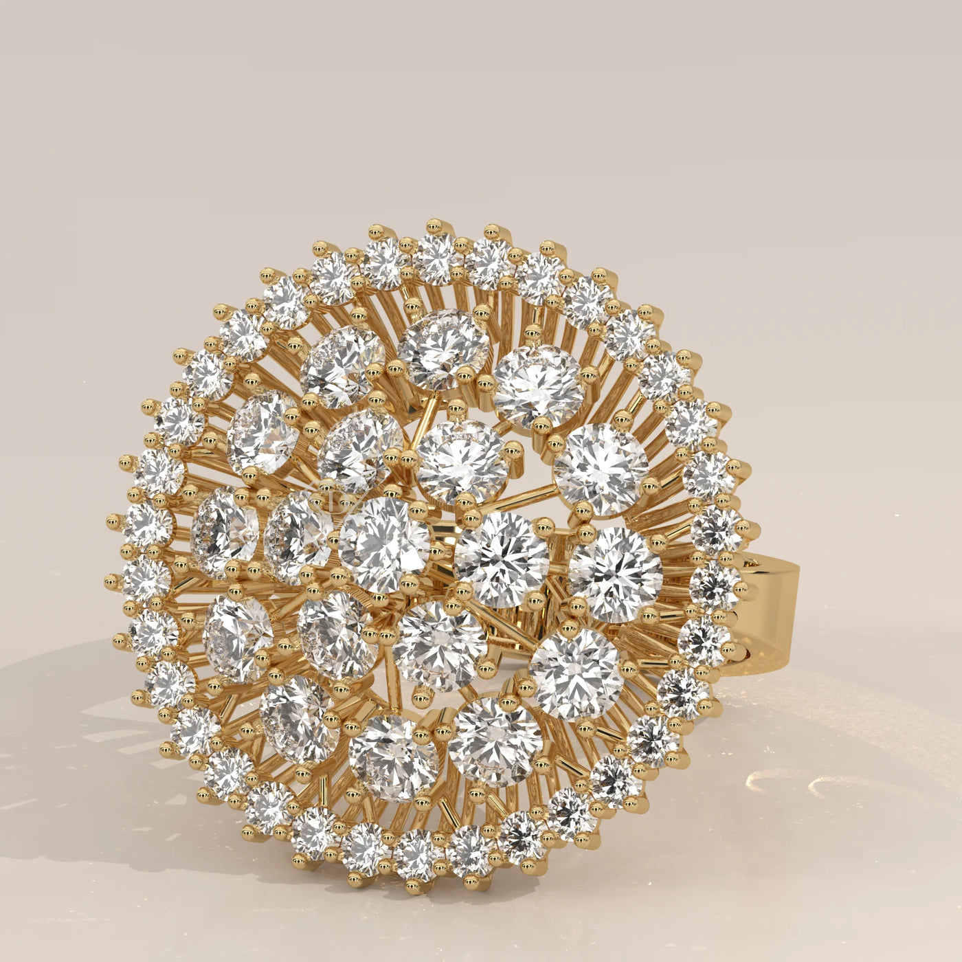 A yellow gold ring with a circular cluster of diamonds in varying sizes.
