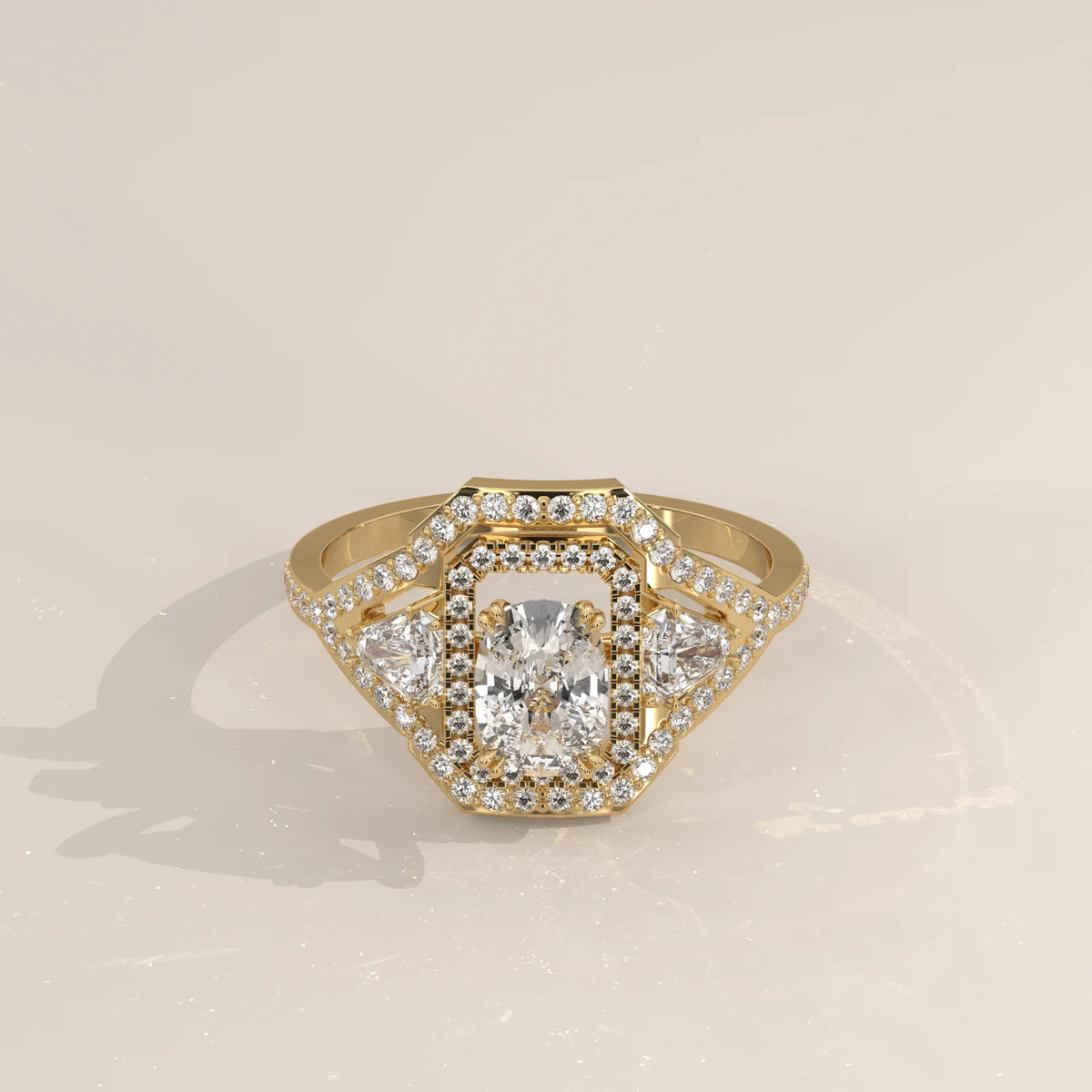 Cushion Lab Grown Diamond Art Deco Halo Ring with Shield Side Stones in yellow gold, shown from the front.