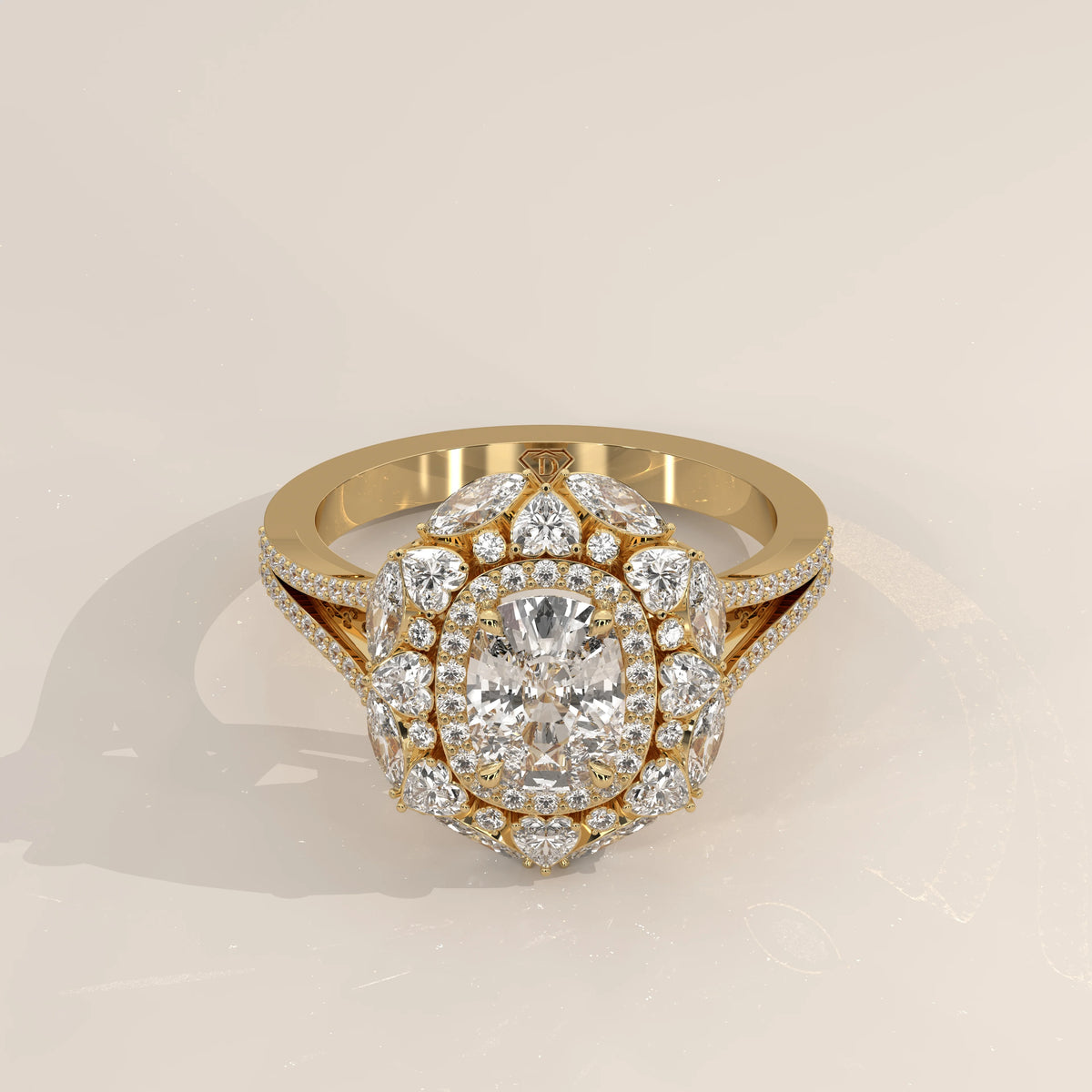 Cushion Lab Grown Diamond Halo Ring with Heart and Round Outer Frame in yellow gold, shown from the front.