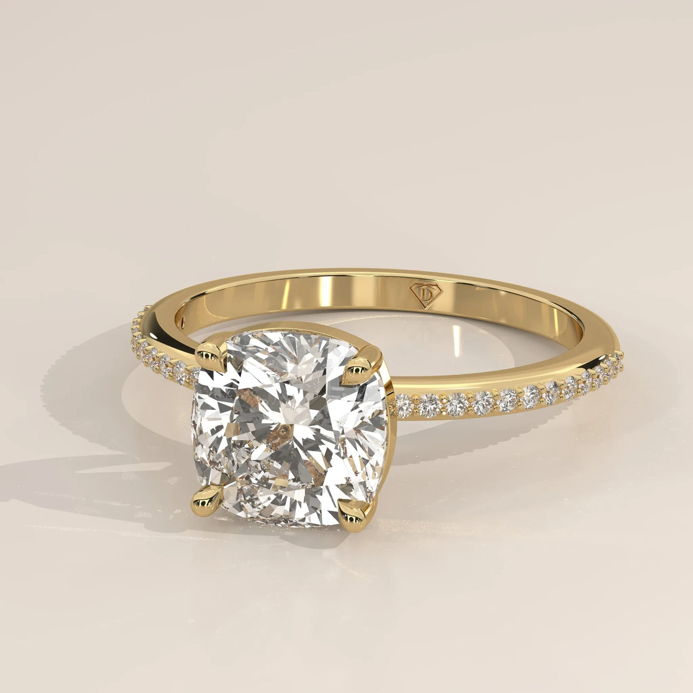 Square Cushion Solitaire Lab Grown Diamond Ring, Pave Band