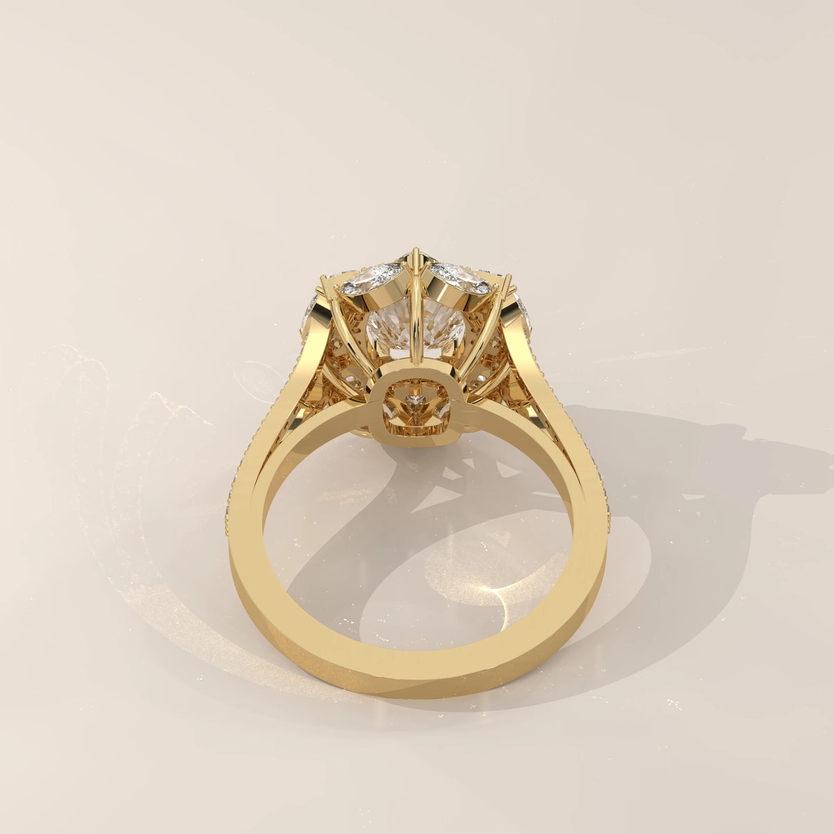 Cushion Lab Grown Diamond Halo Ring with Heart and Round Outer Frame in yellow gold, shown from the side.