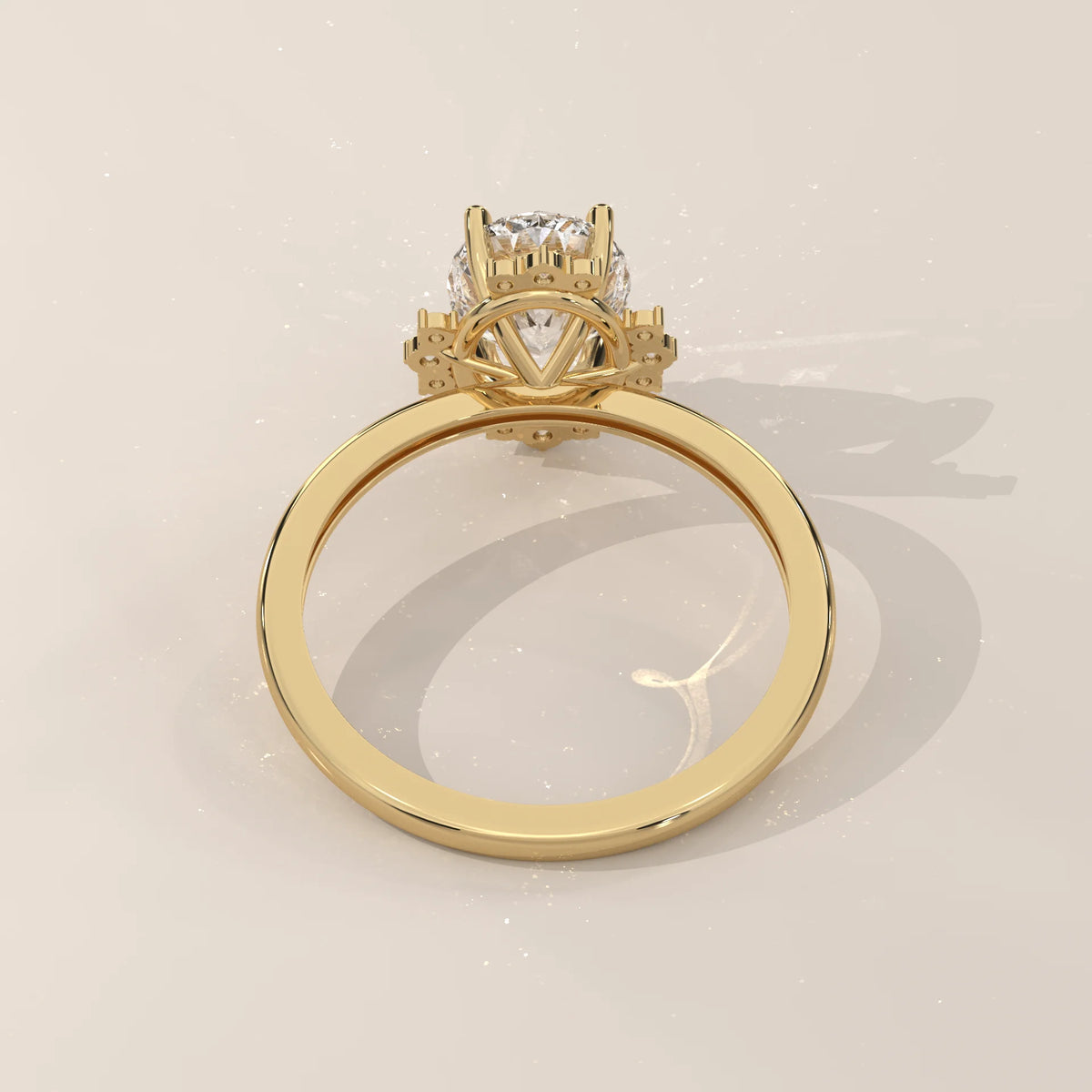 Oval Lab Grown Diamond Ring with Crown Style Partial Halo in yellow gold, shown on a plain background.