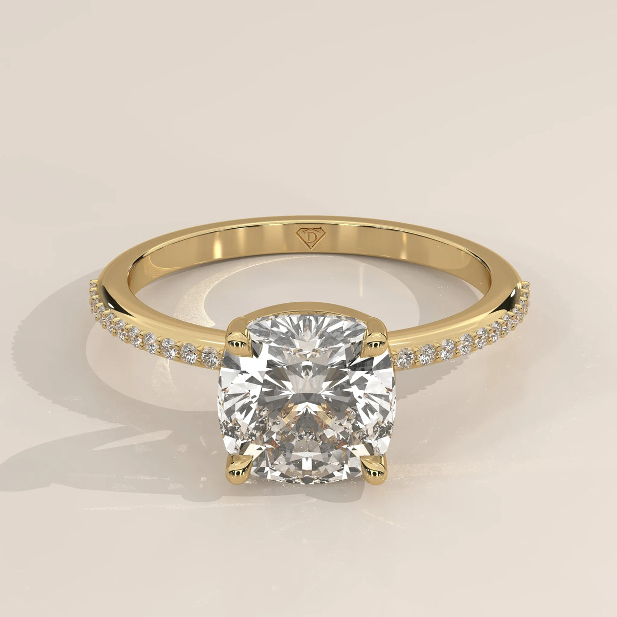 Square Cushion Solitaire Lab Grown Diamond Ring, Pave Band