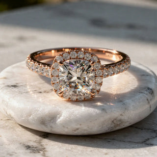 Close-up: Cushion Diamond Ring with Halo Setting in 14k Rose Gold - Lab Grown - Driona Jewels
