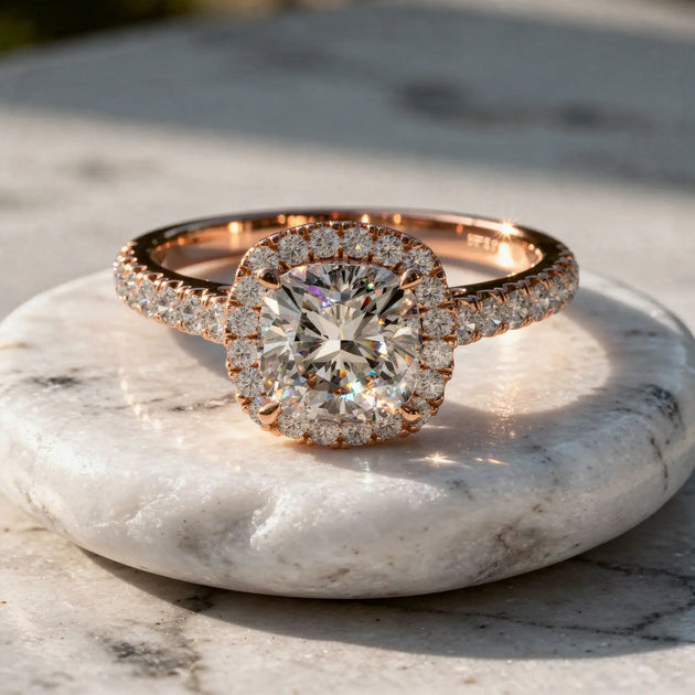 Close-up: Cushion Diamond Ring with Halo Setting in 14k Rose Gold - Lab Grown - Driona Jewels