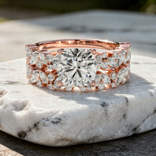 Front-view: Cushion Cut Diamond Ring with Halo Setting in 14k Rose Gold - Lab Grown - Driona Jewels