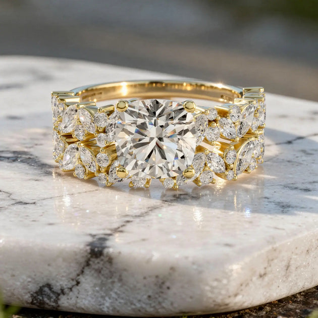 Front-view: Cushion Diamond Ring with Halo Setting in 14k Yellow Gold - Lab Grown - Driona Jewels