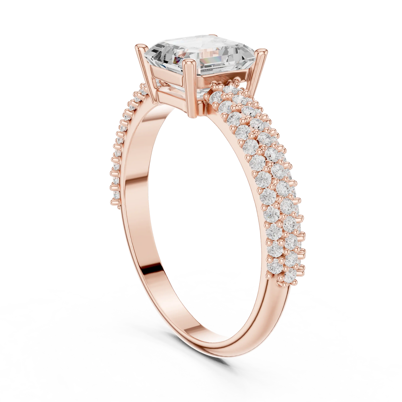 Angle View: Cushion Diamond Ring with Pave Setting in Rose Gold – Lab Grown – Driona Jewels
