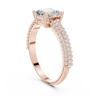 Angle View: Cushion Diamond Ring with Pave Setting in Rose Gold – Lab Grown – Driona Jewels
