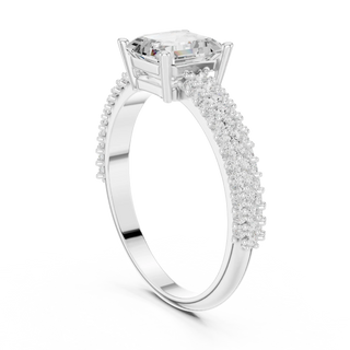 Angle View: Cushion Diamond Ring with Prong-set with Pave Band Setting in 14K White Gold – Lab Grown – Driona Jewels
