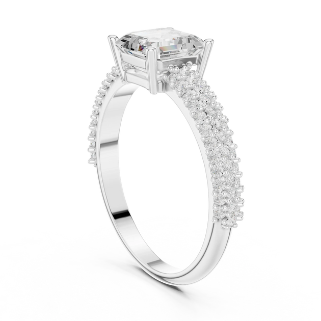 Angle View: Cushion Diamond Ring with Prong-set with Pave Band Setting in 14K White Gold – Lab Grown – Driona Jewels

